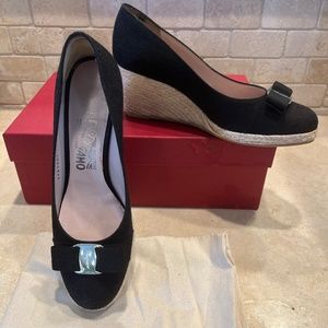 Ferragamo black espadrille wedge heels, women’s 8.5